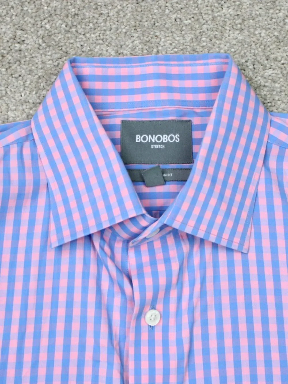 Bonobos Shirt Mens 17, 34 Pink/Blue Check Tailored Slim Fit Long Sleeve Button